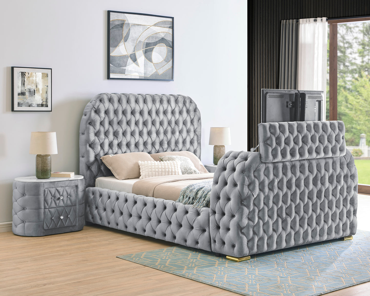 NATALIA BED W/FIREPLACE,TV LIFT GY