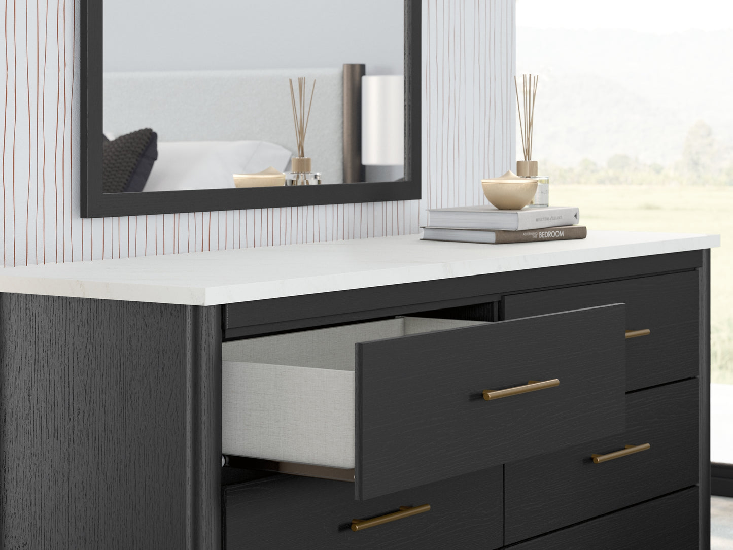 Cadmori King Upholstered Panel Bed, Dresser and Mirror