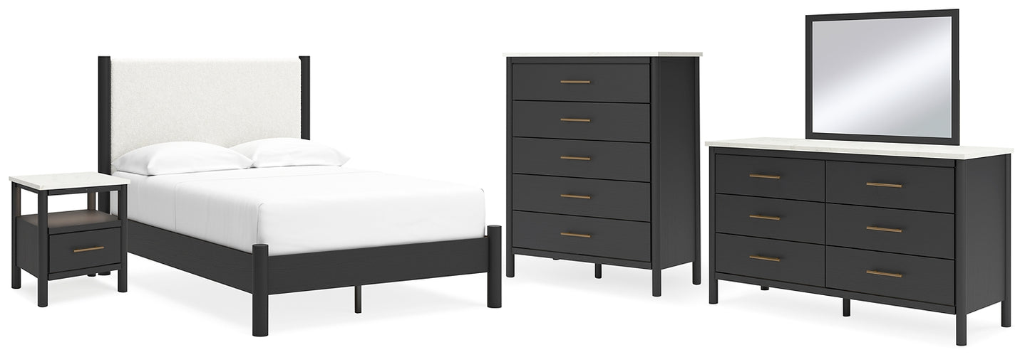 Cadmori Full Upholstered Panel Bed, Dresser, Mirror, Chest and Nightstand