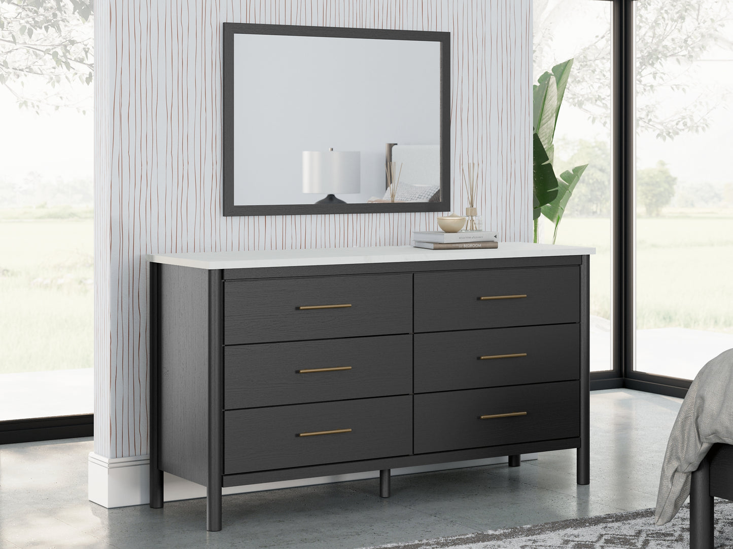 Cadmori Full Upholstered Panel Bed, Dresser, Mirror, Chest and Nightstand