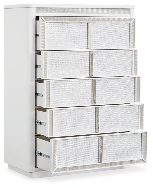 Chalanna California King Upholstered Storage Bed, Dresser, Mirror, Chest and Nightstand