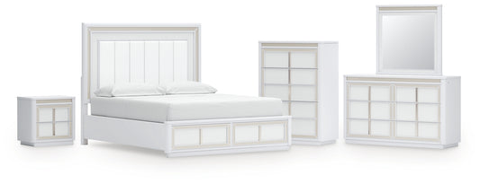 Chalanna California King Upholstered Storage Bed, Dresser, Mirror, Chest and Nightstand
