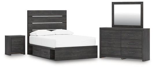 Hollivern Full Panel Bed with Storage, Dresser, Mirror and Nightstand