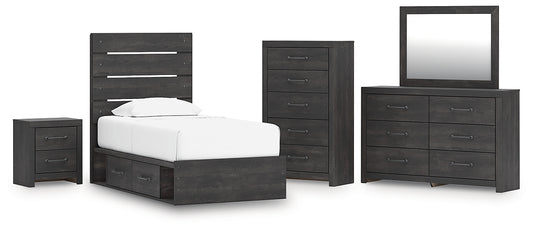 Hollivern Twin Panel Bed with Storage, Dresser, Mirror, Chest and Nightstand