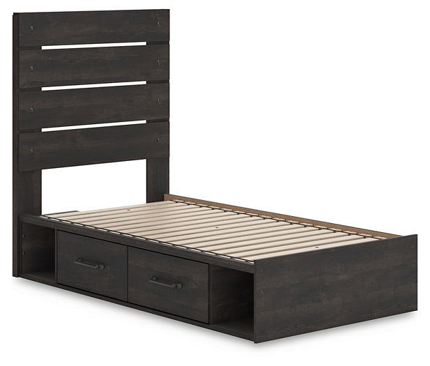 Hollivern Twin Panel Bed with Storage, Dresser and Mirror