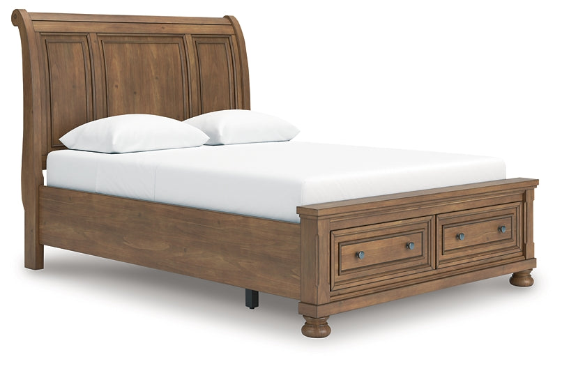 Feddinger Queen Storage Sleigh Bed with Mirrored Dresser, Chest and Nightstand
