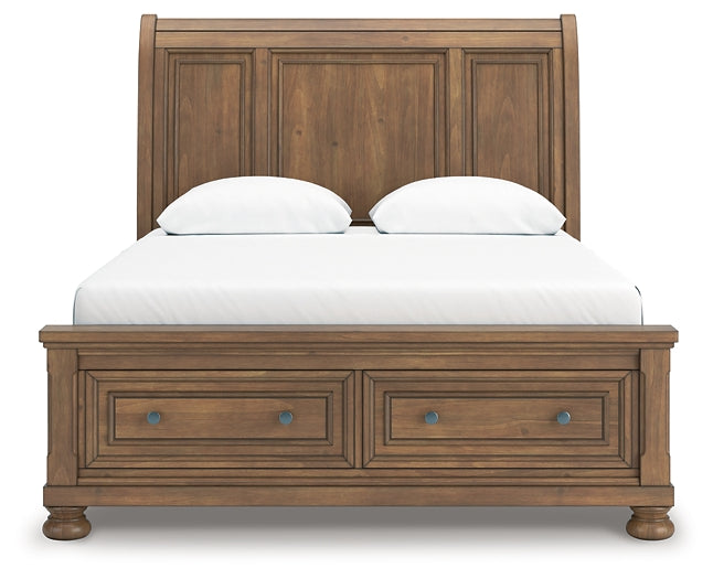 Feddinger Queen Storage Sleigh Bed with Mirrored Dresser, Chest and Nightstand