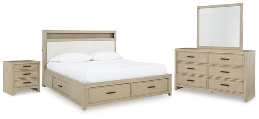 Calmoro Queen Bookcase Bed with Mirrored Dresser and Nightstand