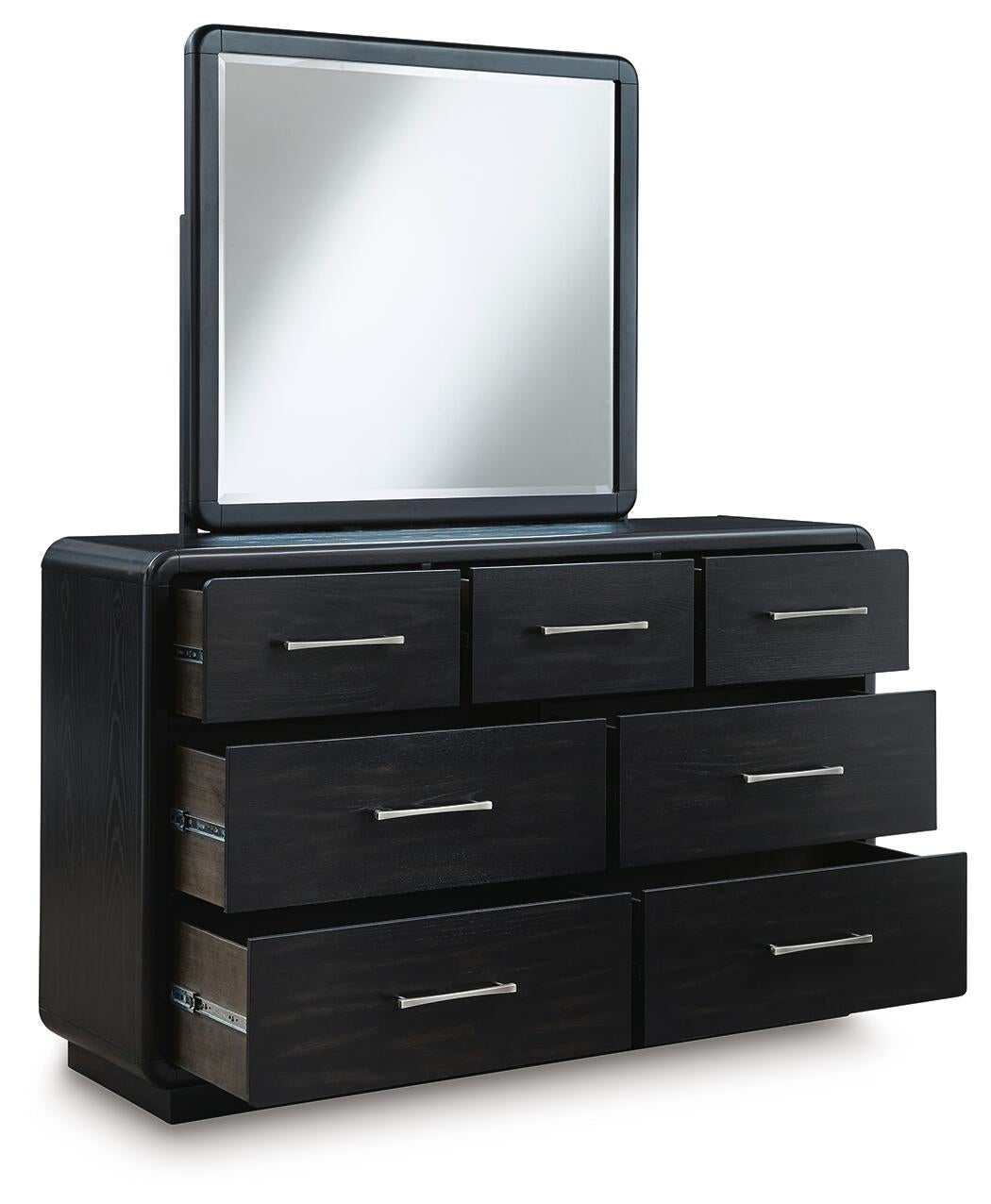 Rowanbeck Queen Upholstered Panel Bed with Mirrored Dresser, Chest and Nightstand