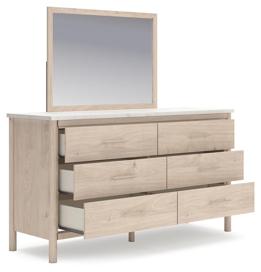 Cadmori Queen Upholstered Panel Bed with Mirrored Dresser