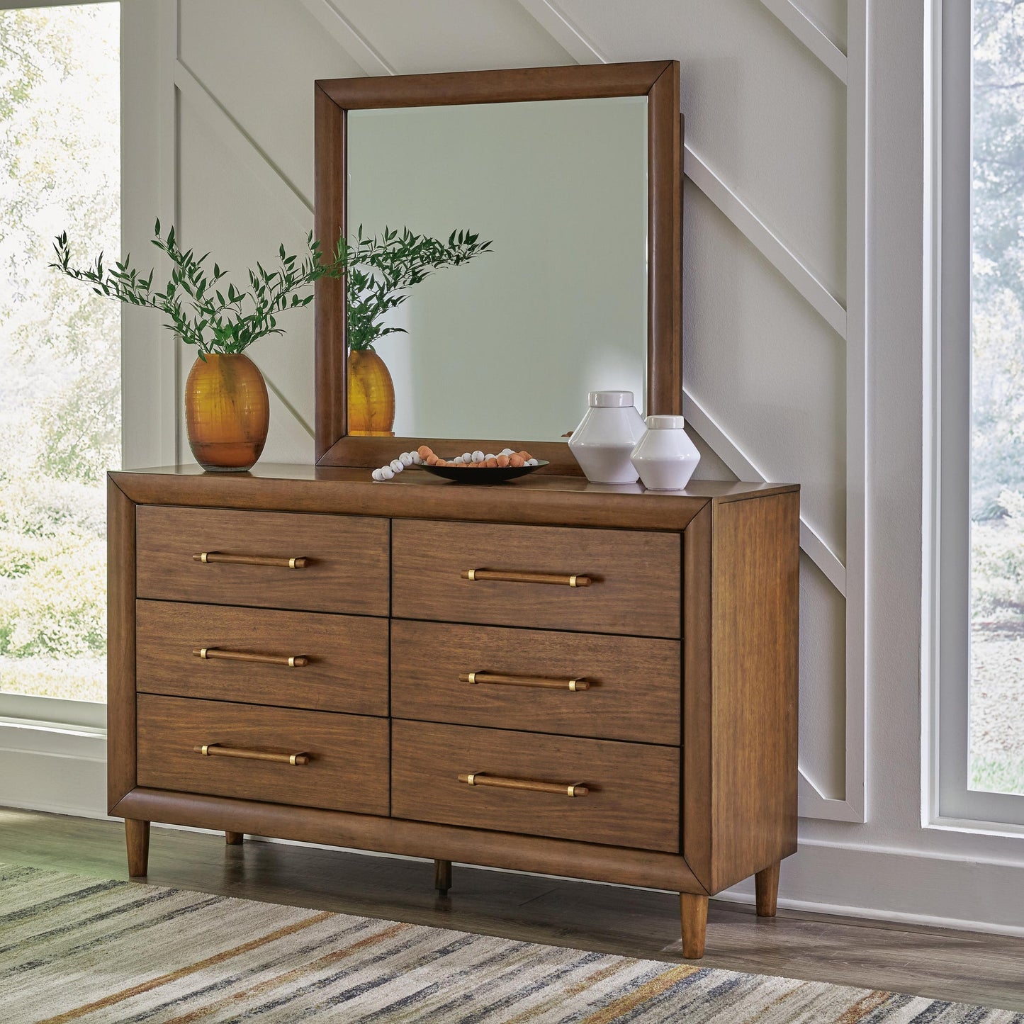 Lyncott California King Upholstered Bed with Mirrored Dresser and Nightstand