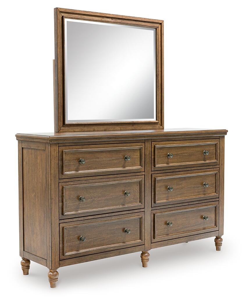 Sturlayne California King Upholstered Panel Bed, Dresser, Mirror and Nightstand