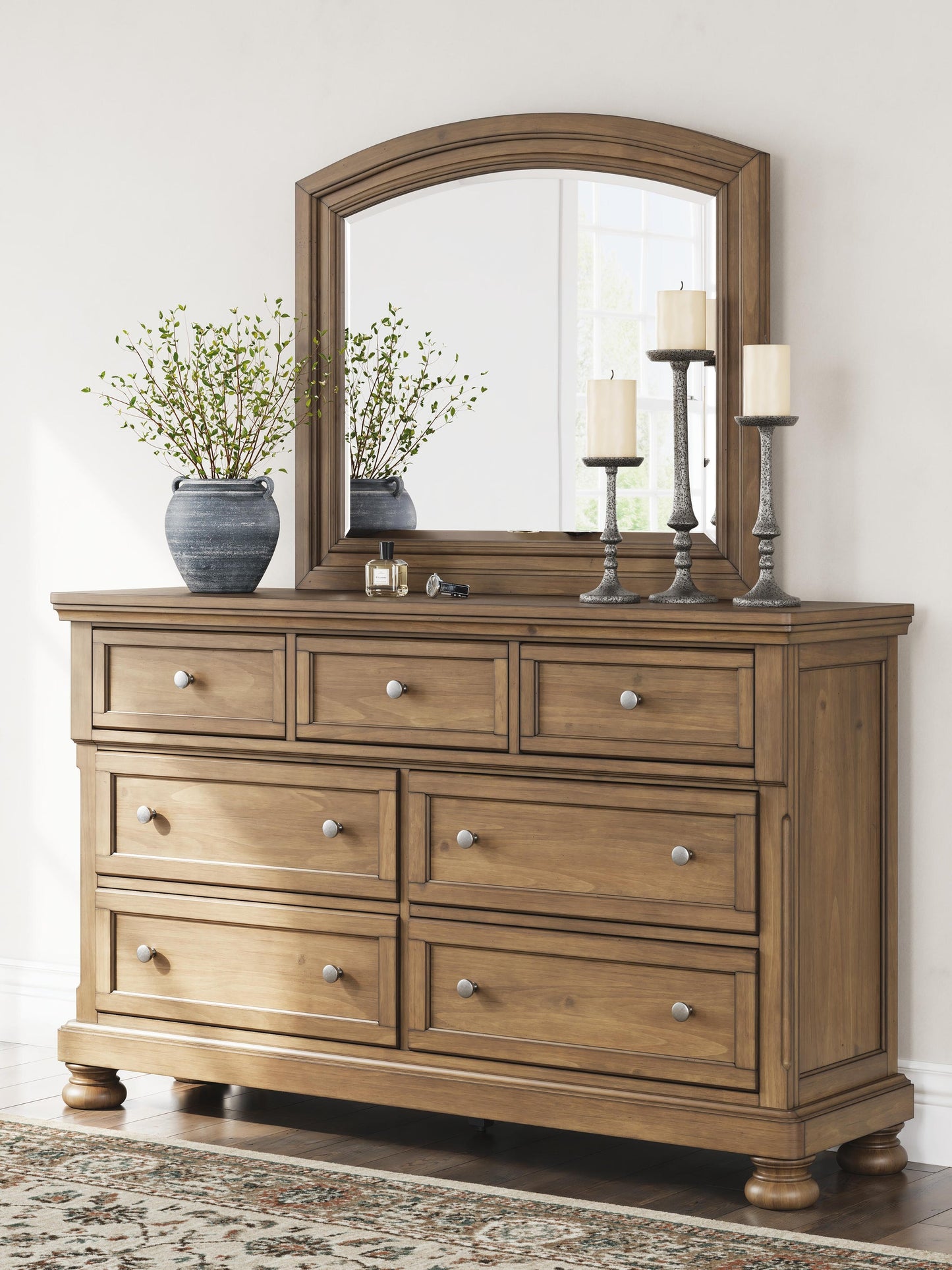 Vandenmore California King Storage Sleigh Bed with Mirrored Dresser and Nightstand