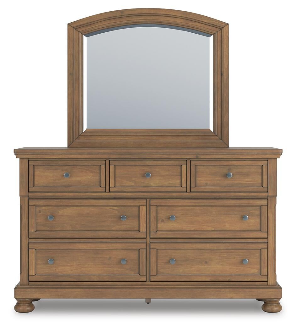 Vandenmore King Storage Sleigh Bed with Mirrored Dresser and Nightstand
