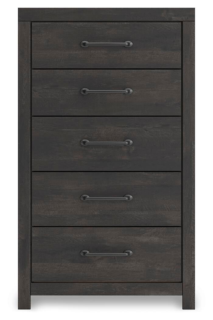 Delmorta King Panel Bed, Dresser, Mirror, Chest and Nightstand