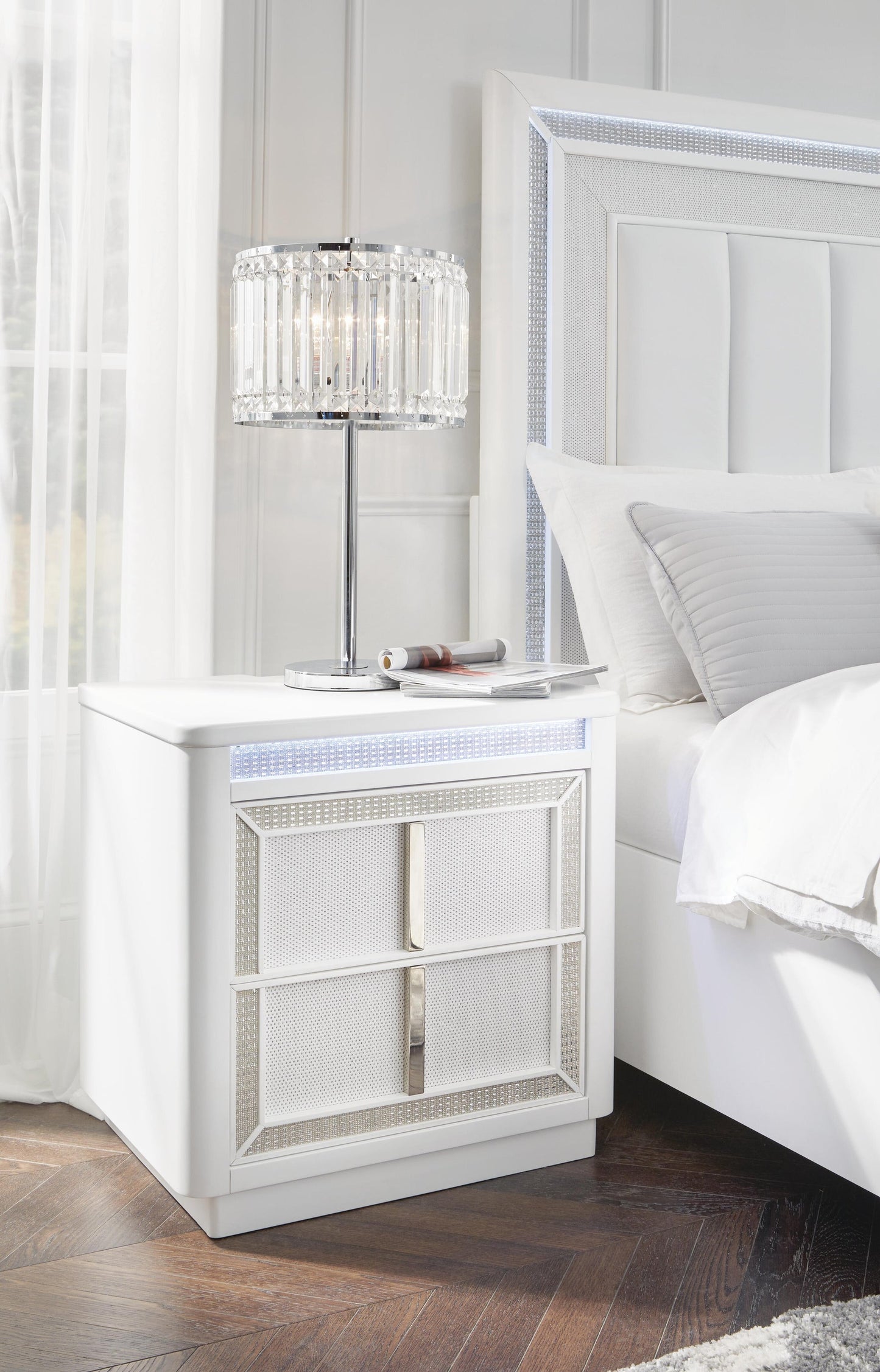 Chalanna California King Upholstered Storage Bed, Dresser, Mirror and Nightstand
