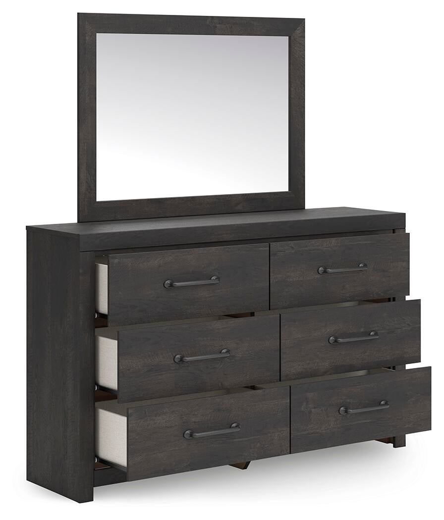 Delmorta Queen Panel Bed, Dresser, Mirror, Chest and Nightstand