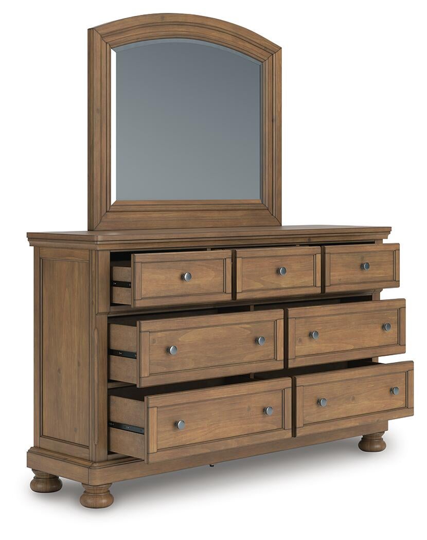 Vandenmore King Panel Bed with Mirrored Dresser, Chest and Nightstand