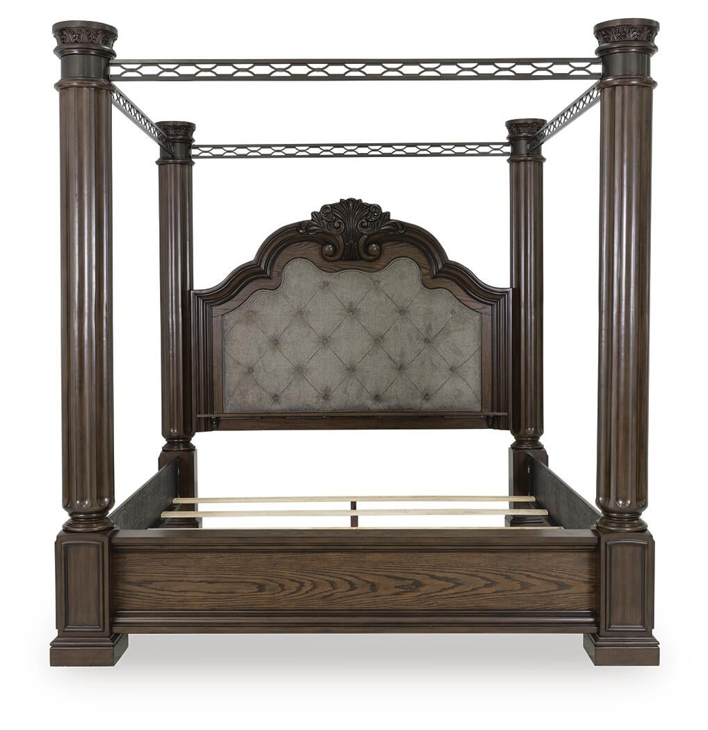 Maylee Queen Canopy Bed, Dresser, Mirror, Chest and Nightstand