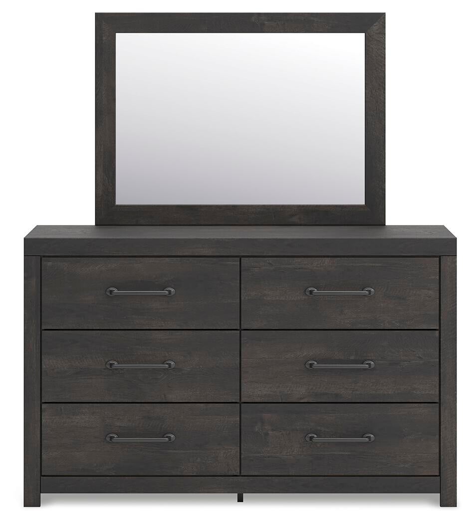 Delmorta Full Panel Bed with Storage, Dresser and Mirror