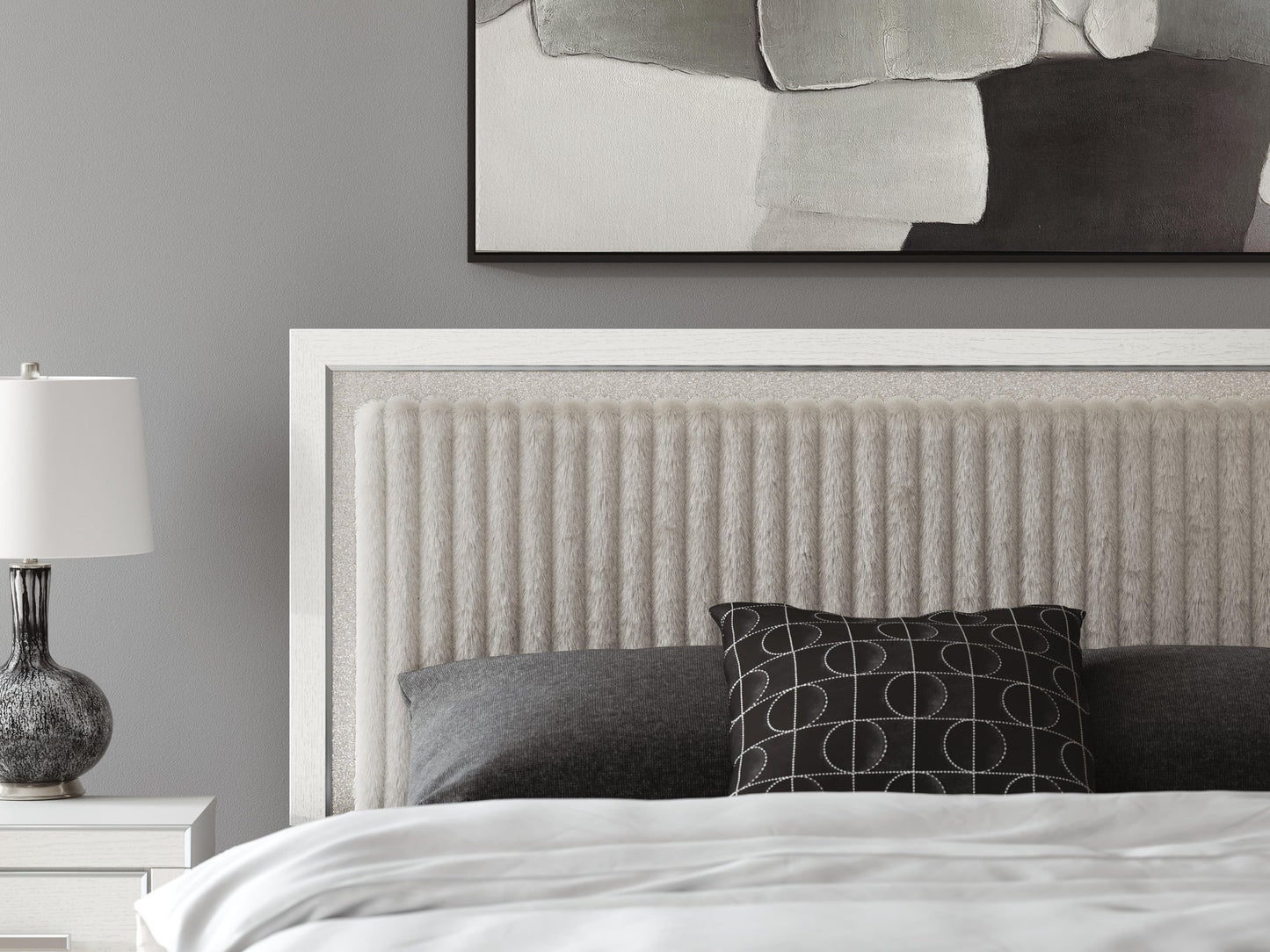 Zuraleus King Upholstered Panel Platform Bed, Dresser and Mirror
