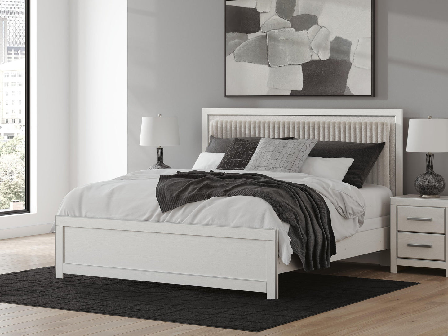 Zuraleus King Upholstered Panel Bed, Dresser, Mirror, Chest and Nightstand
