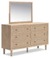 Cielden Full Upholstered Bed with Roll Slats, Dresser and Mirror
