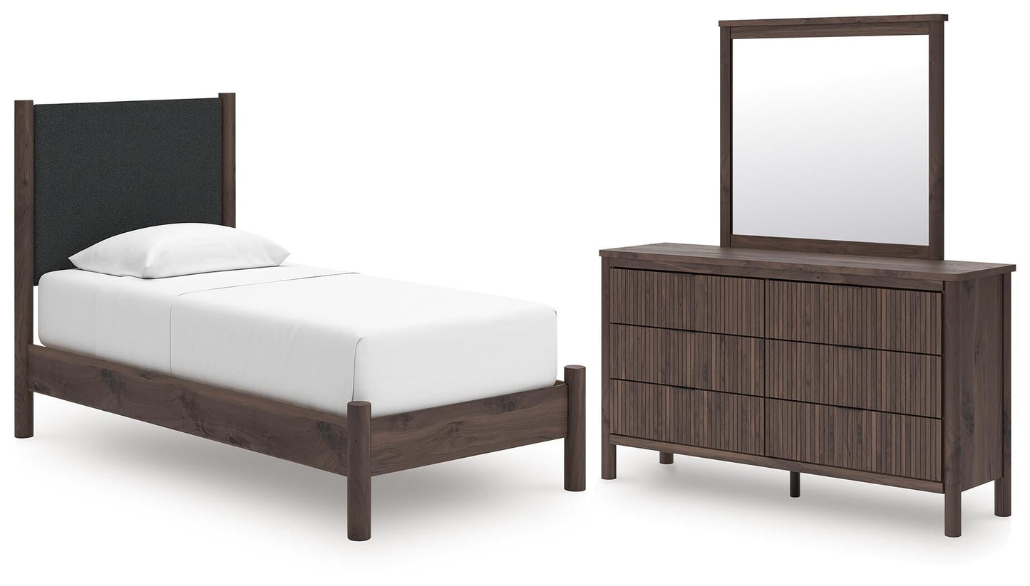 Pamytta Twin Upholstered Panel Platform Bed, Dresser and Mirror