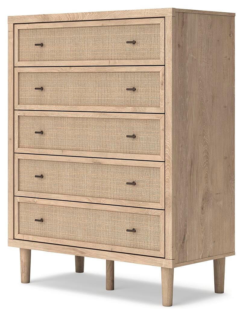 Cielden Queen Upholstered Bed with Roll Slats, Dresser, Mirror, Chest and Nightstand
