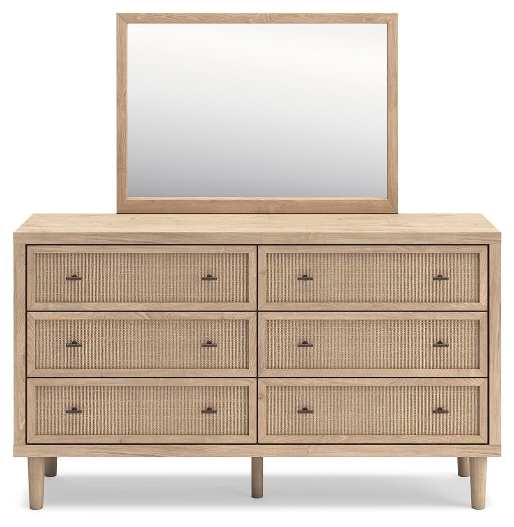 Cielden Queen Upholstered Bed with Roll Slats, Dresser, Mirror, Chest and Nightstand