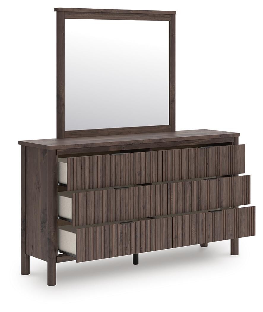 Cadmori Full Upholstered Panel Bed, Dresser and Mirror