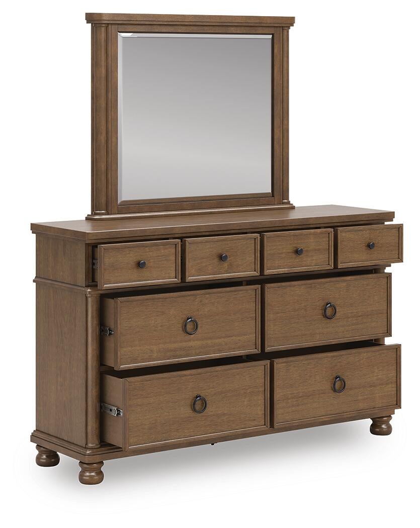 Chadworth King Poster Bed with Mirrored Dresser and Nightstand