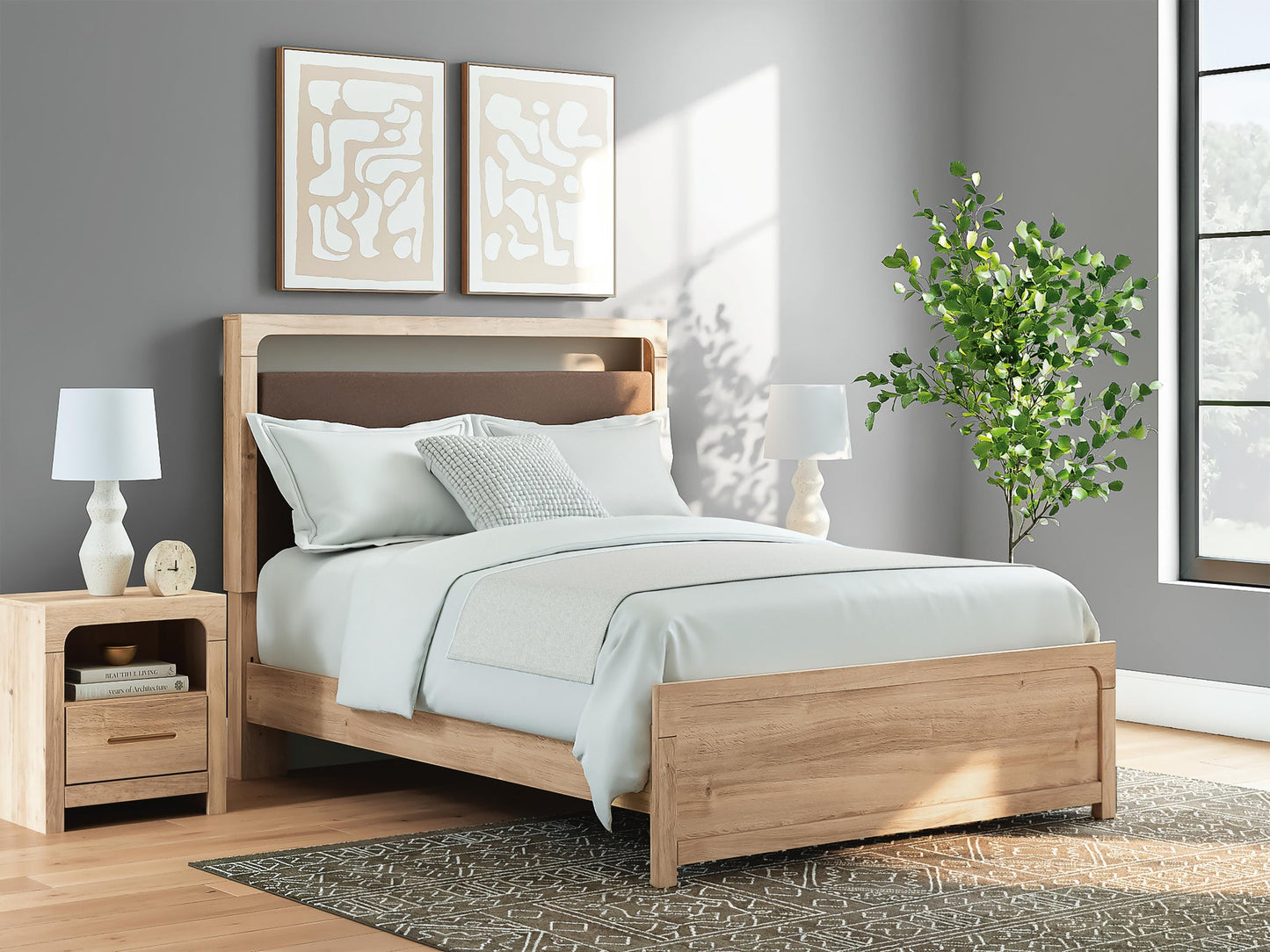 Hollymount Queen Upholstered Platform Bed, Dresser and Mirror