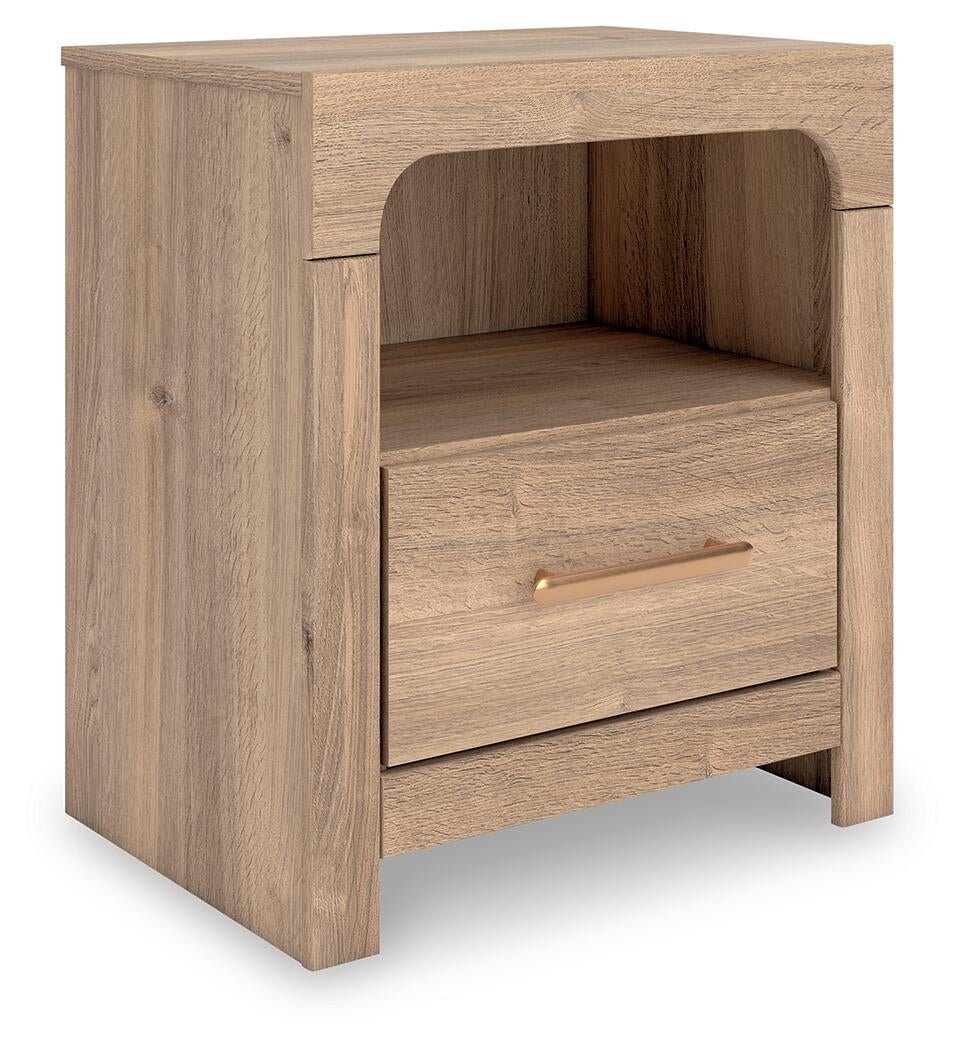 Kinlanni King Upholstered Platform Bed, Dresser, Mirror and Nightstand