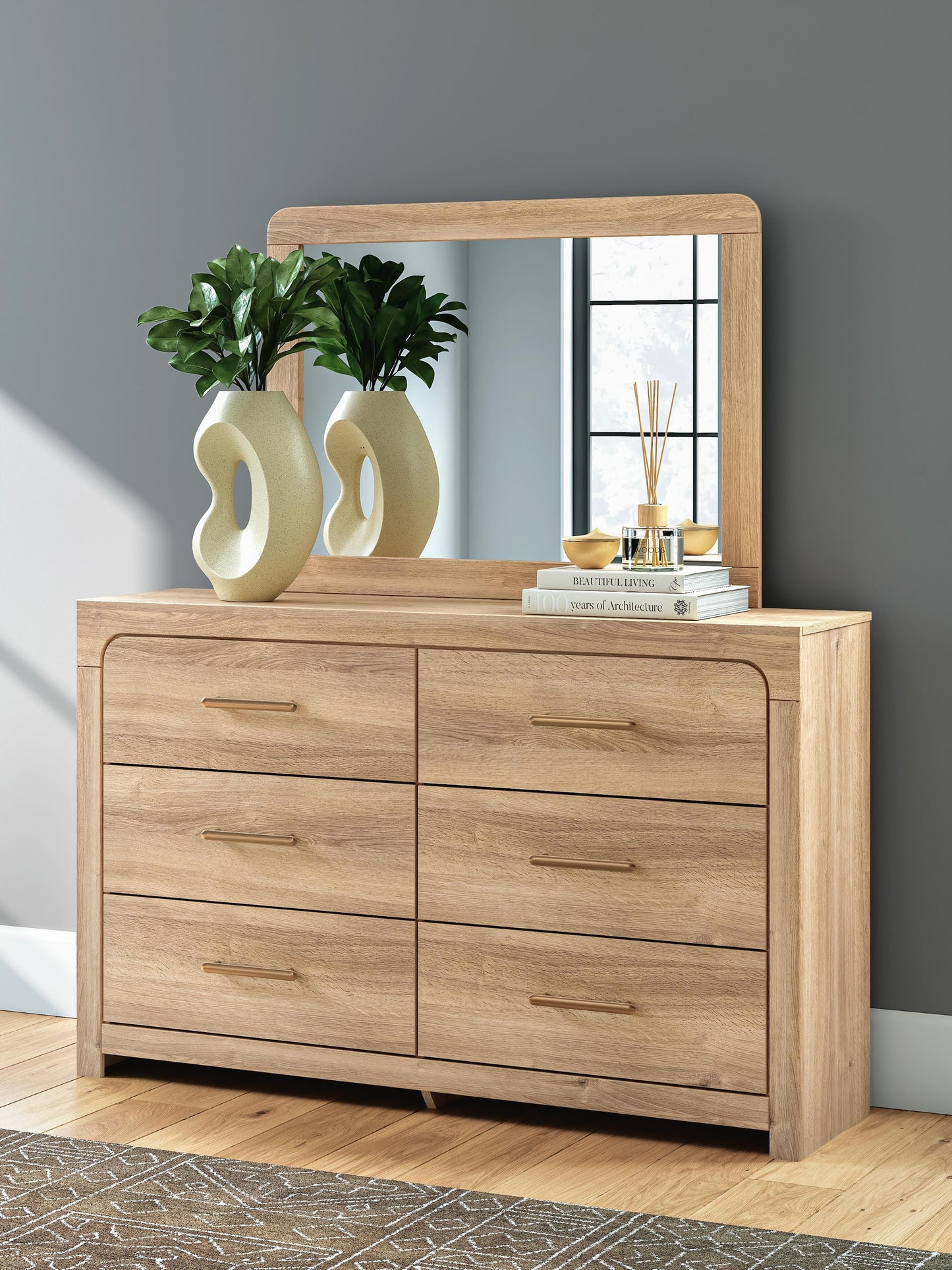 Kinlanni King Upholstered Platform Bed, Dresser, Mirror and Nightstand